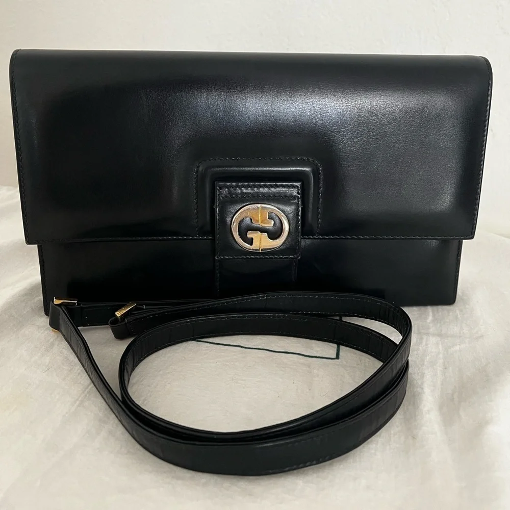 Rare Vintage Gucci Shoulder Clutch Bag Black Leather 1970s